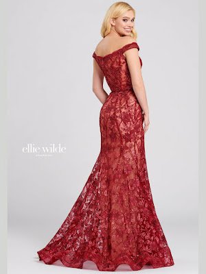 Ellie Wilde off-the shoulder Wine color Prom dress back side