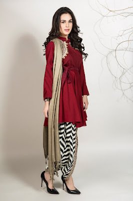 Maria B 3 piece embroidered belt Maroon color suit