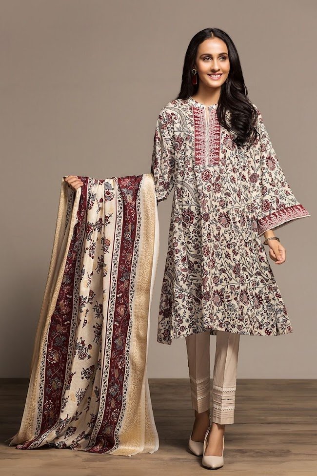 Nishatlinen Offwhite & Maroon Shirt And Print Dupatta