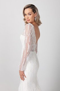 Michelle Roth Long Sleeve V-neckline Beaded feathered Bridal Dress back design