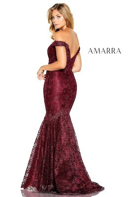 Amarra Beaded lace off the shoulder dark red color dress back side