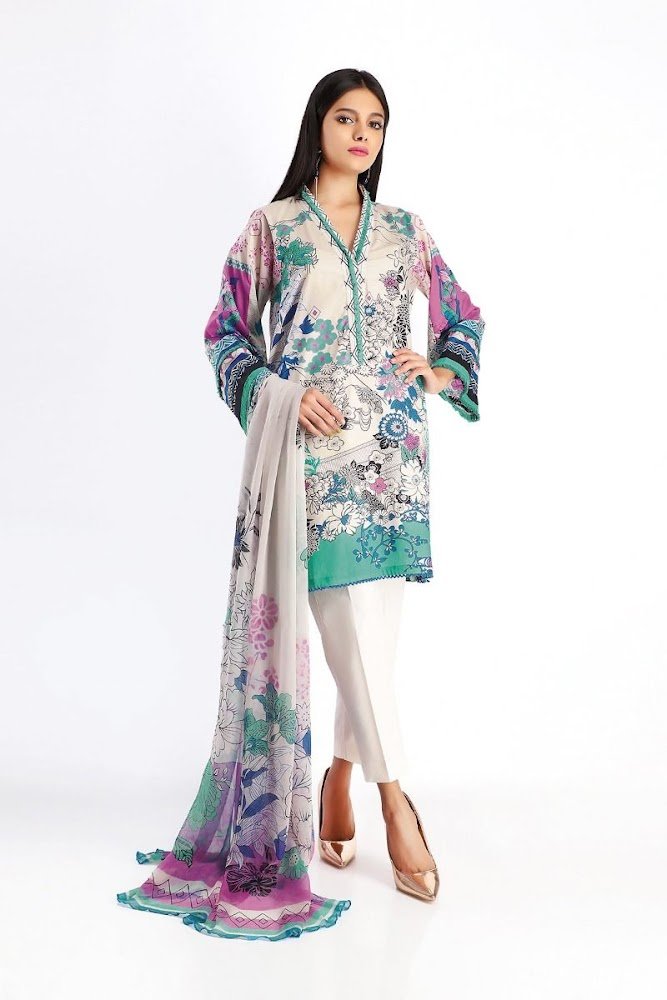 khaadi white lawn printed shirt dupatta