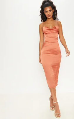 Rust Strappy back Cowl Neck Midi prom dress