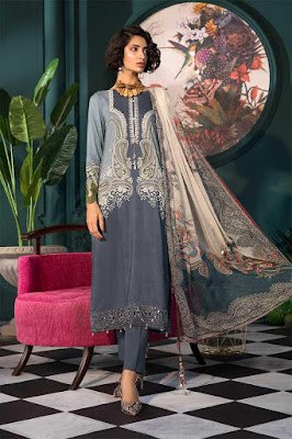 maria B Unstitched winter grey color dress with printed