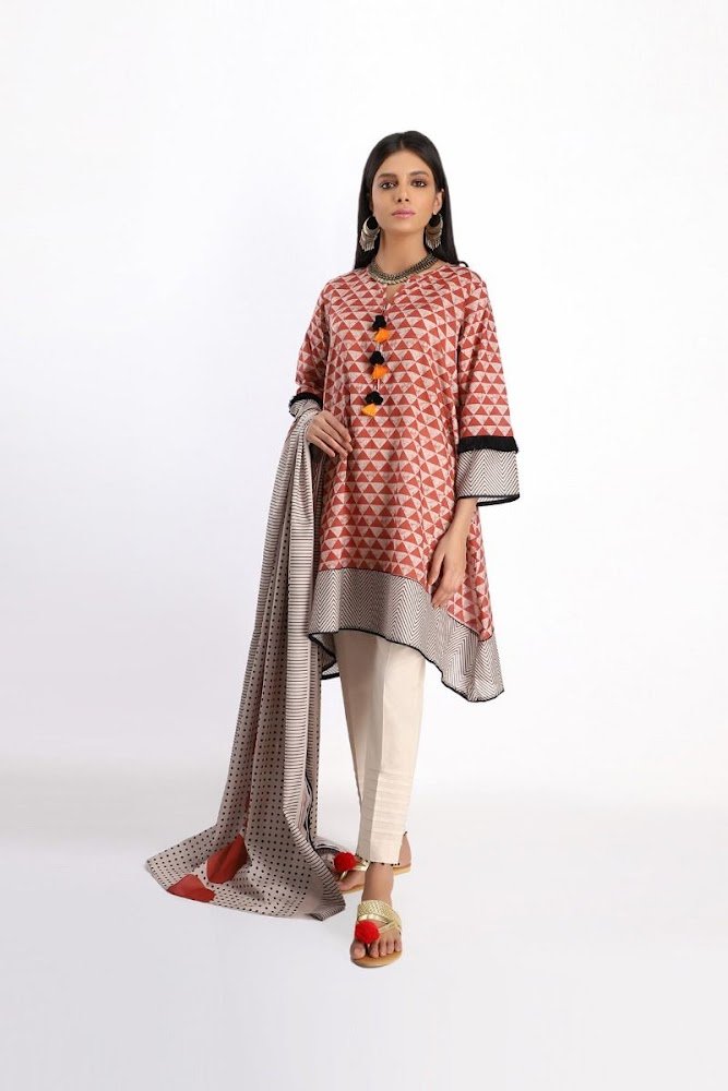 khaadi Orange lawn printed shirt dupatta