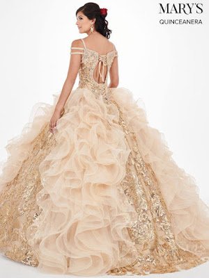 Cold Shoulder Mary's Quinceanera Ball Gown Design Gold Color Dress