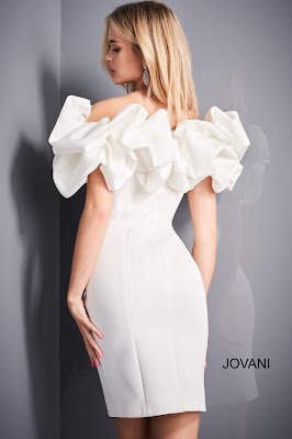 White Off the Shoulder Cocktail Jovani Red Carpet short Dress back design