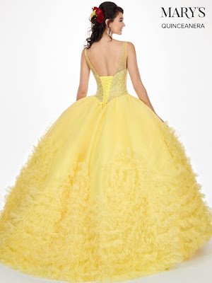 New v-neck Ball Gown Mary's Quinceanera Design Yellow Color Dress back side