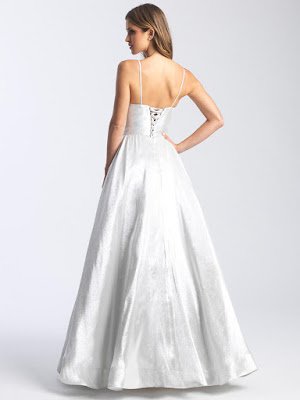 Scoop neckline Madison James prom dress Silver color Back side