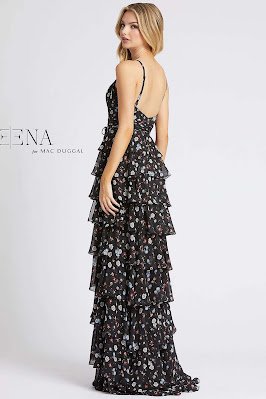 Floral Printed tiered enening dress Ieena For Mac Duggal Black floral color Back side