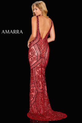 Amarra Sheath Beaded Prom Red color dress back side