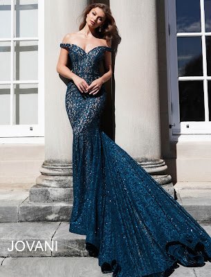 Peacock and Nude Underlay Off The shoulder Jovani Red Carpet Dress