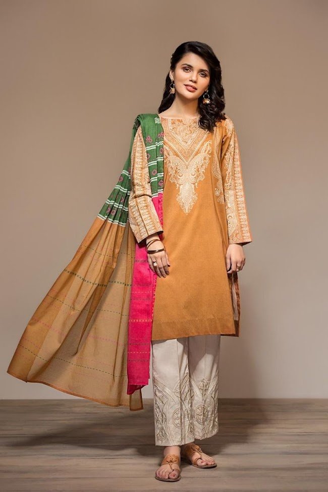 Nishatlinen Rust Shirt & Print Dupatta