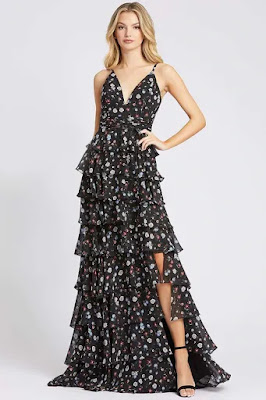 Floral Printed tiered enening dress Ieena For Mac Duggal Black floral color
