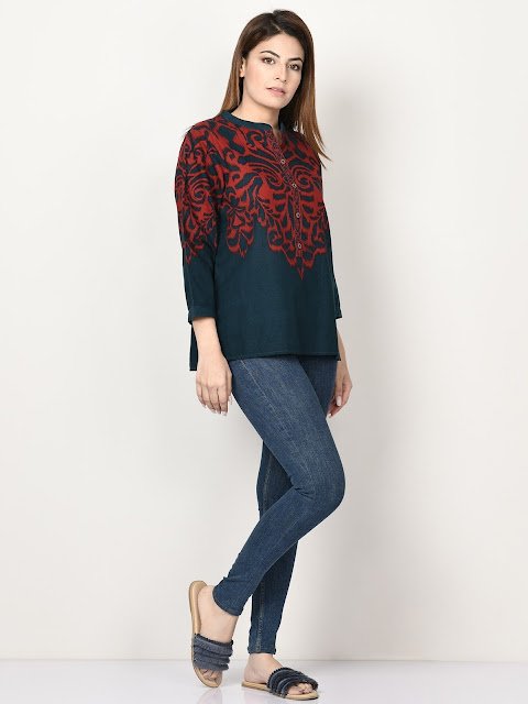 Limelight winter ready to wear blue and maroon printed short kurti