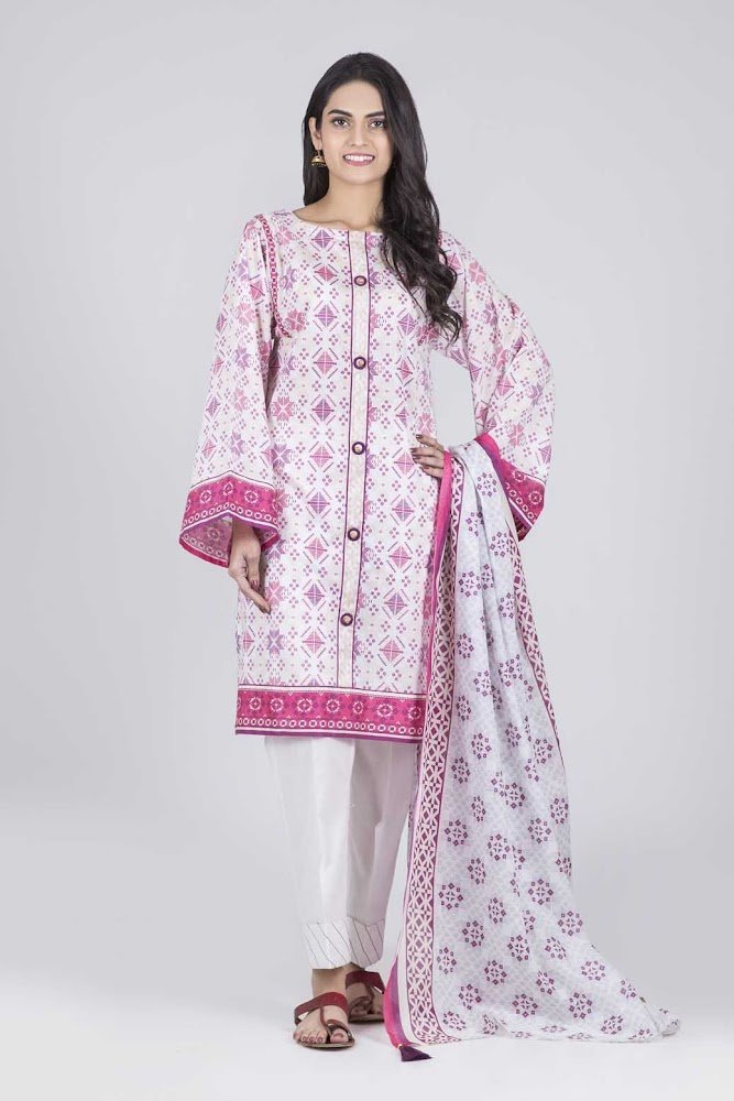 Bonanza Satrangi White & Pink Lawn suit