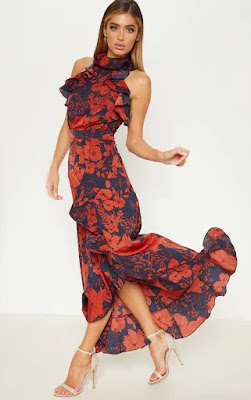 navy floral print detail wrap maxi prom dress