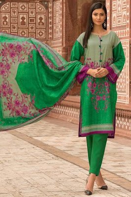 Warda Printed Khaddar shirt with dupatta & trouser green colo winter collectionr