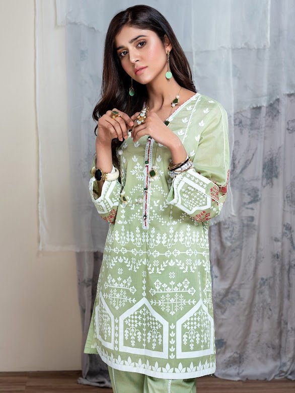 Limelight green printed lawn shirt Unstitched