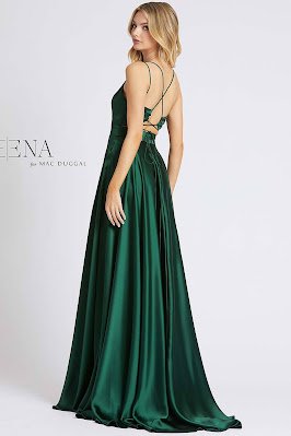 V-neckline A-line For Ieene Mac Dugga Evening Dress Dark Green color Back side