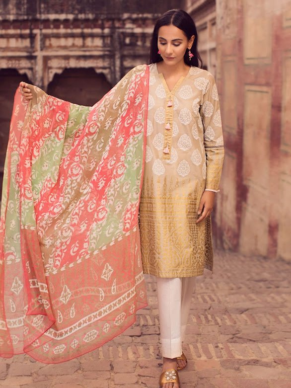 Limelight Printed Lawn Shirt Unstitched Beige color