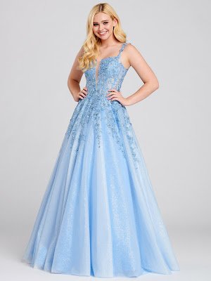 Ellie Wilde Plugging- v-neck periwinkle color prom dress