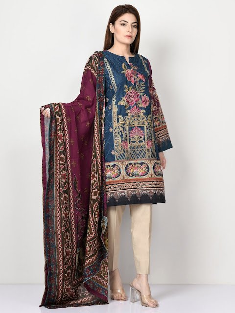 Limelight Blue & Maroon color printed embroidered winter cotton suit winter pret collection
