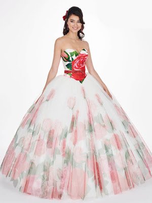 Ivory Print Color Mary's Quinceanera Ball Gown Design Dress