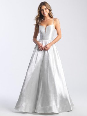 Scoop neckline Madison James prom dress Silver color