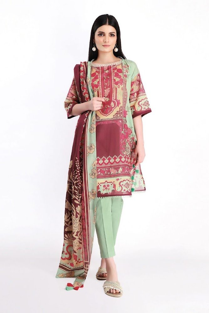 Khaadi Red & Green Lawn printed shirt with shalwar & Dupatta
