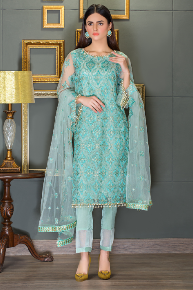 Taana Baana sale collection pistachio color poly net 2 pc suit