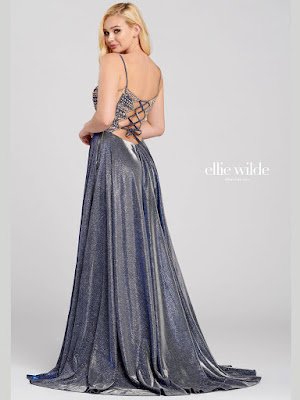 Ellie Wilde Nacy blue color a-line prom dress back side