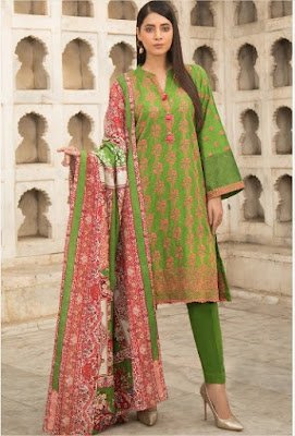 warda winter green 3 piece Chikan Kari suit with printed dupatta