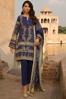 warda printed blue color suit with shirt, dupatta and trouser