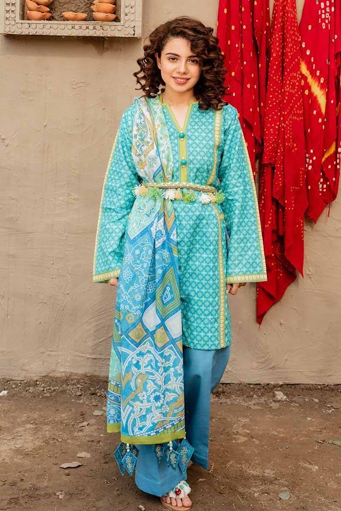 Gul Ahmed Blue Printed 3 PC suit Hala Pottery summer Collection