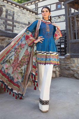 Maria b winter unstitched white-blue Color dress printed