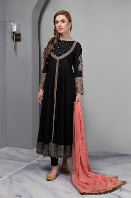Maria B long front open embroidered black color suit