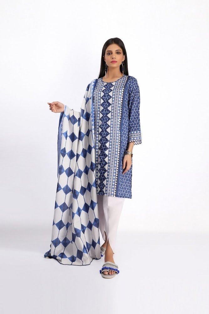 khaadi blue lawn printed shirt dupatta