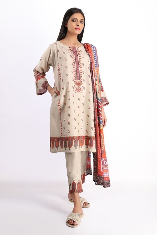 khaadi cambric beige colour suit