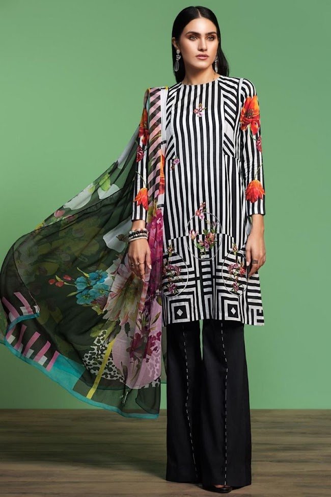 Nishatlinen Embroidered Black & White lawn Suit