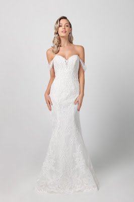 Michelle Roth off the shoulder Beaded Floral Fit and Flare Bridal Dress in US