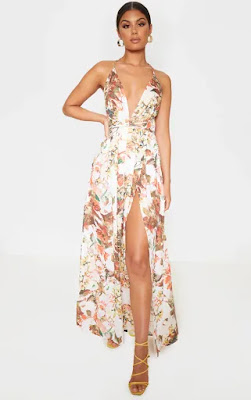 White Floral print chiffon halterneck maxi prom dress