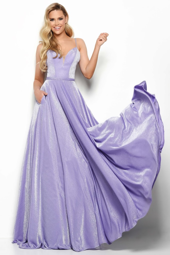 V-neckline Jasz Couture prom dress Purple color Front side