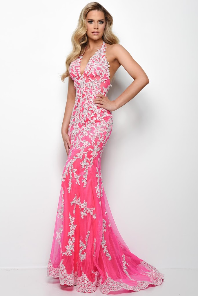 Long Beaded Jasz Couture Prom Dress Hot pink color