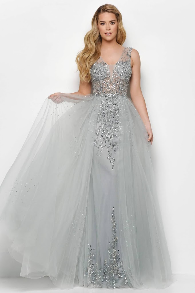 A-line V-neckline prom dresses by jasz couture silver color