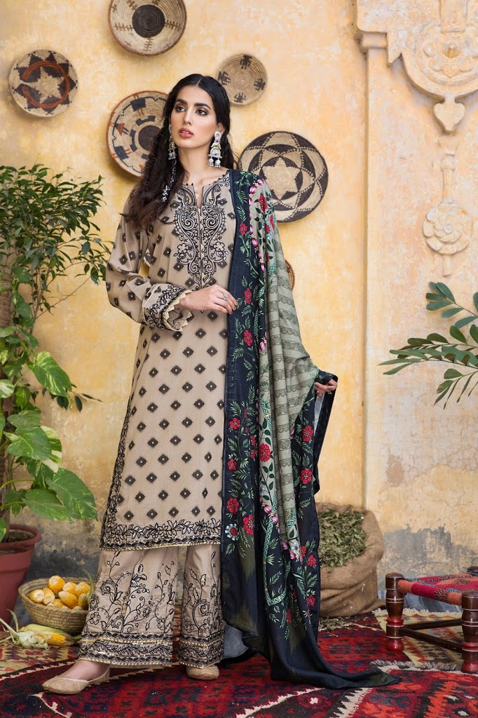 Dhoop Choun unstitched three-piece camel color winter collection
