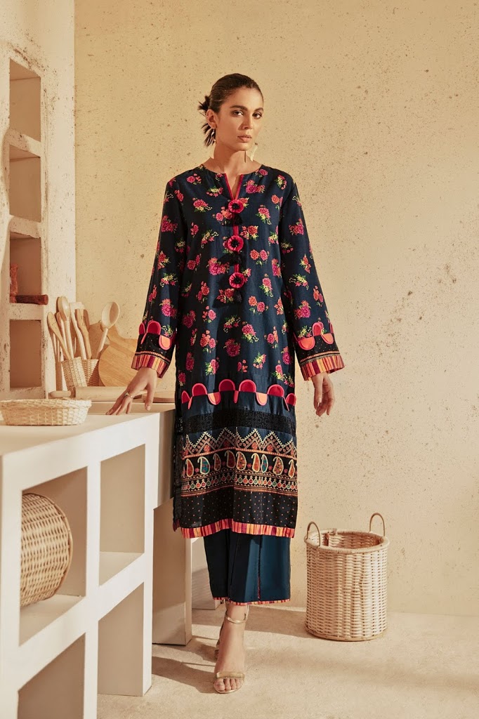 Navy Blue color 2 piece printed khaddar suit Ethnic by outfitters