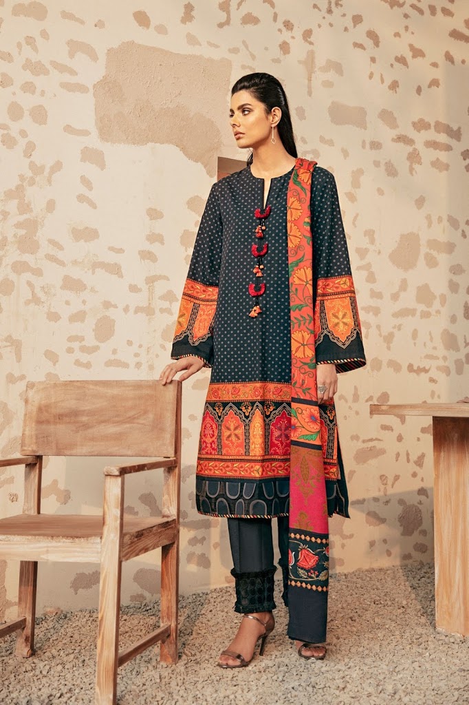 Printed Khaddar shirt Navy color winter collection Ethnic by outfitters