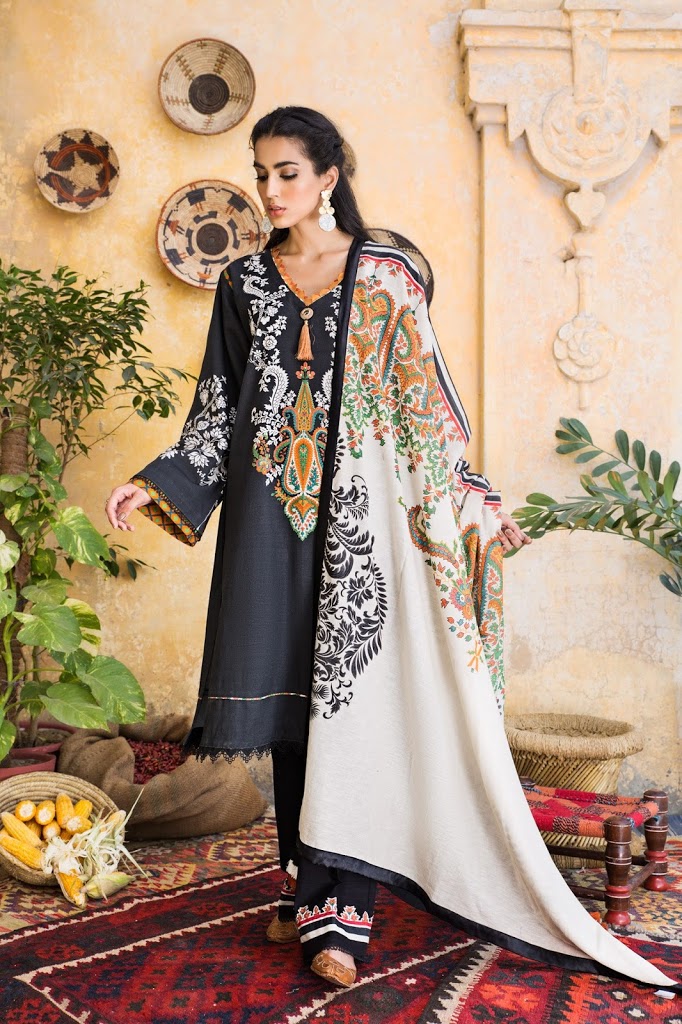 Ethnic by outfitters Unstitched black khaddar 3 piece suit