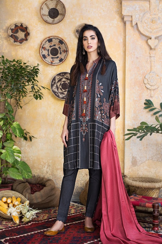 Unstitched three-piece black color viscose printed and embroidered suit